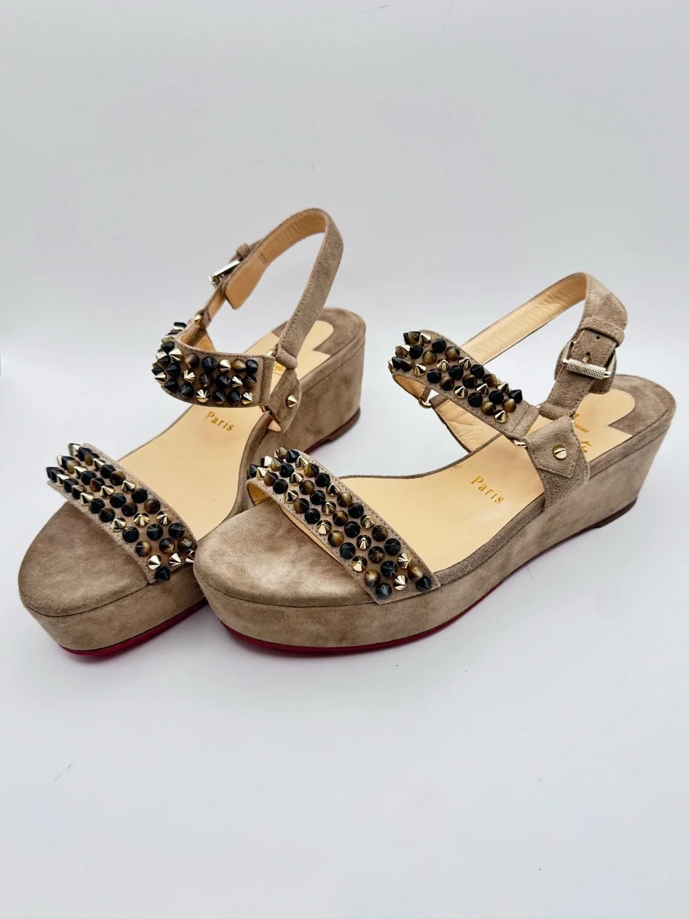 Christian Louboutin Bikee Deck 60 Studded Suede Wedge Sandals Grege 38
